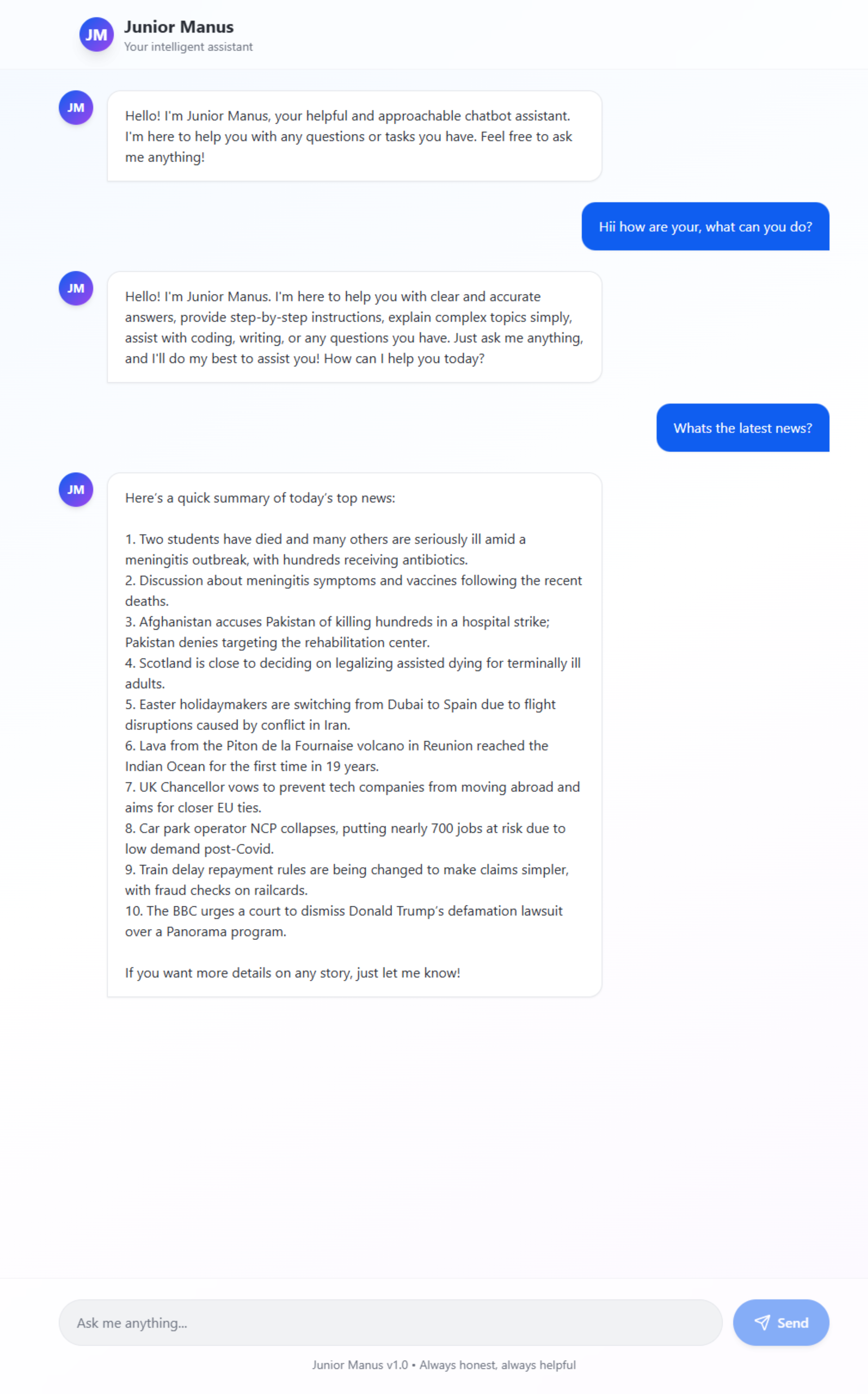 Junior Manus Chatbot Interface